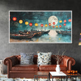 Framed Canvas Print Full Moon Lanterns on Boats, Dreamy Night Scene, Watercolor Christmas Art, Unique Holiday Decor, Coastal Christmas
