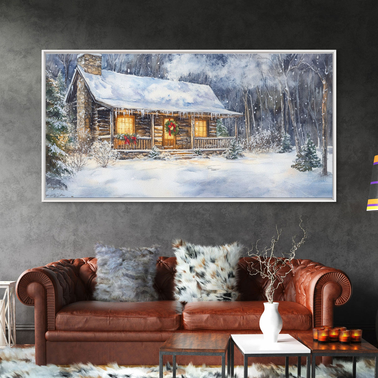 Snowy cabin Christmas decor, winter wonderland wall art, rustic farmhouse Christmas print, cozy country home decor, framed canvas print