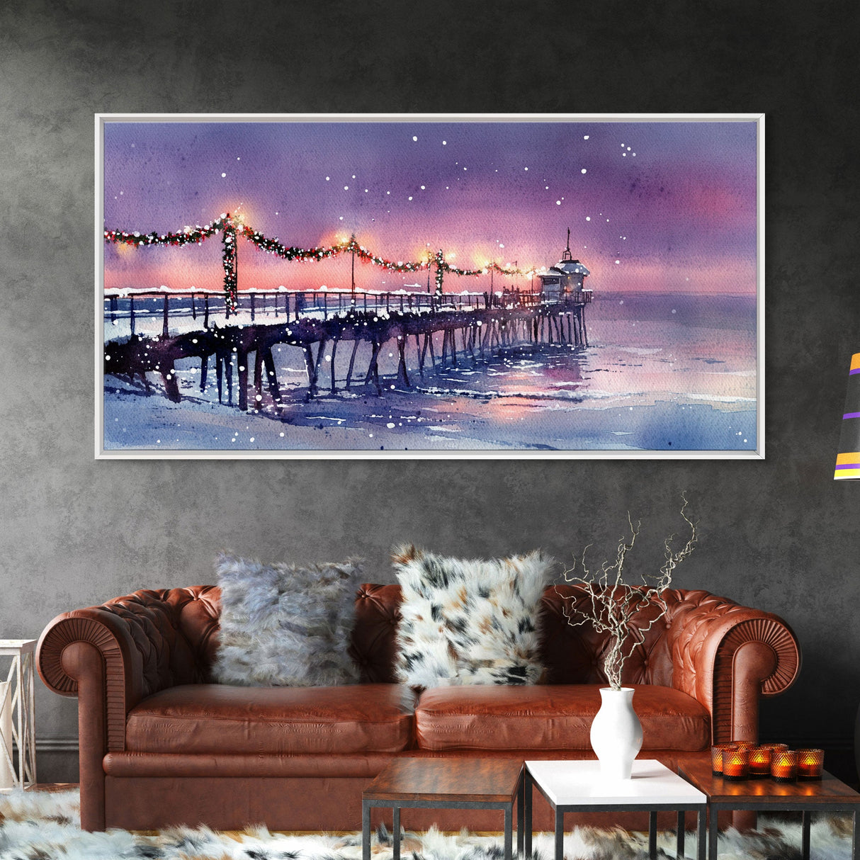 Snow-Covered Pier at Dusk with Christmas Lights, Framed Canvas Print, Coastal Holiday Decor, Winter Wonderland, Nautical Christmas Wall Art