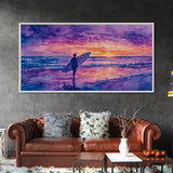 Surfing Beach Sunset Canvas Print | Purple Hues Coastal Decor | Framed Wall Art Christmas Beach Scene | 2024 Holiday Decor Christmas Gift