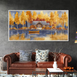 Lakeside cabin in autumn, framed canvas print, cozy fall decor, rustic cabin home decor, fall landscape wall art, perfect autumn gift idea
