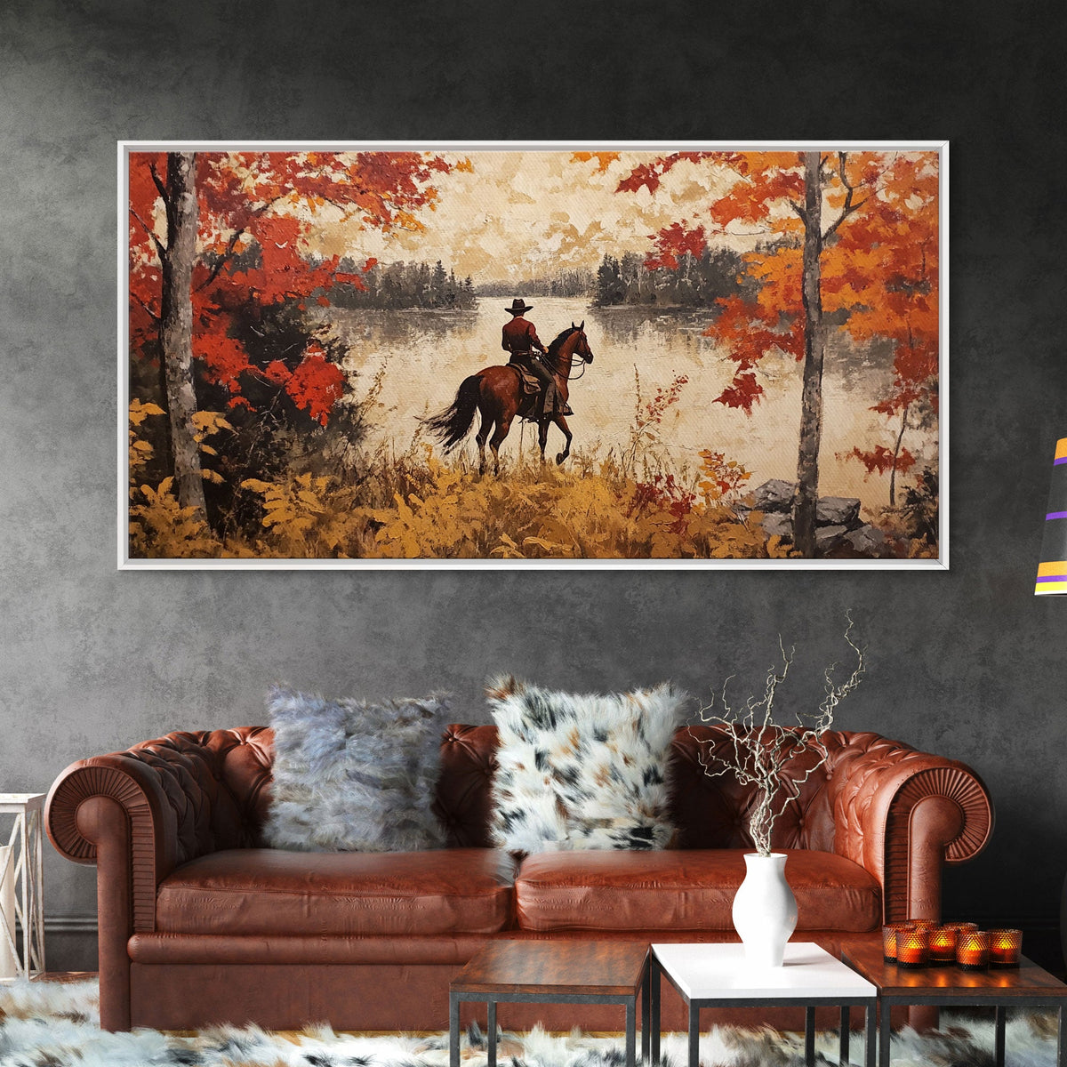 Cowboy on mountainside with red autumn leaves rugged cliffs, Framed Canvas Print, fall landscape wall art, western decor with warm colors