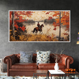 Cowboy on mountainside with red autumn leaves rugged cliffs, Framed Canvas Print, fall landscape wall art, western decor with warm colors
