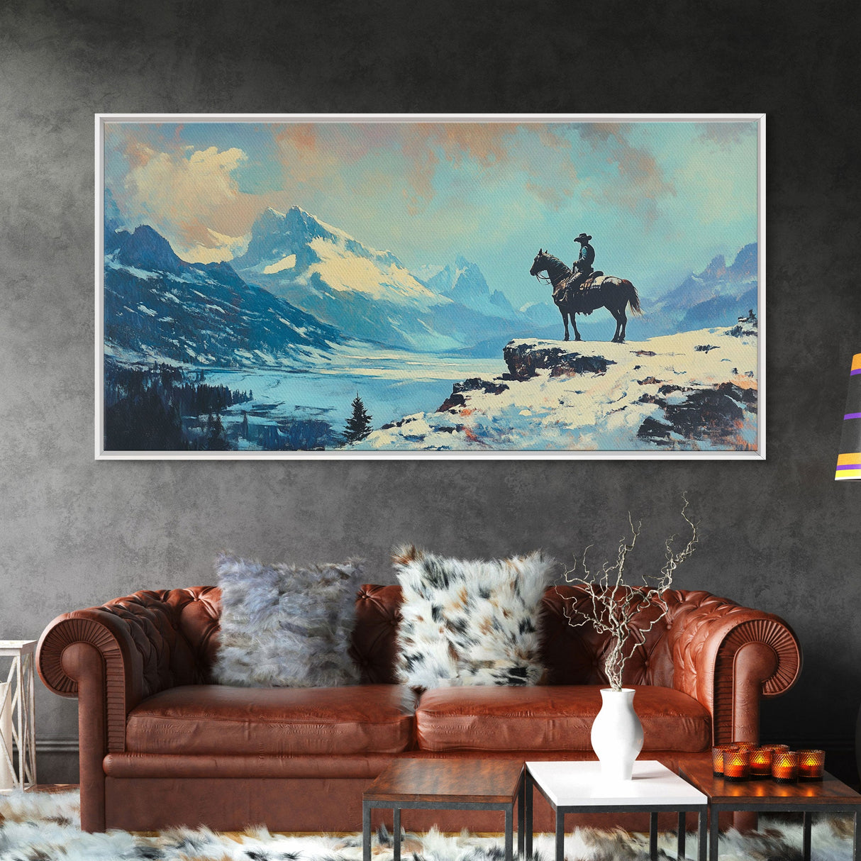 Smiling cowgirl in snow with autumn trees, Framed Canvas Print, rustic wall art winter autumn, tall art piece farmhouse country decor