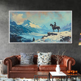 Smiling cowgirl in snow with autumn trees, Framed Canvas Print, rustic wall art winter autumn, tall art piece farmhouse country decor