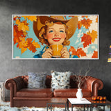 Cowgirl Having A Cup Of Joe, Framed Canvas Print, Farmhouse / Western Rustic Charm, Seasonal Art Piece to Warm Up Your Home Decor This Fall