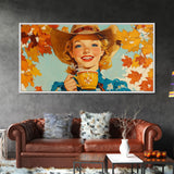 Happy Cowgirl Enjoying Hot Cocoa, Framed Canvas Print, Cute Fall Decor, Rustic Farmhouse Wall Art, Retro Style Trendy Autumn Decor