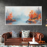 Fall On The Lake, Framed Canvas Print, Beautiful Seasonal Decor, Moody Landscape Painting
