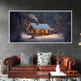 Cozy Cabin in Snow Framed Canvas Print, Winter Wonderland Scene Art, Rustic Christmas Decor, Holiday Wall Art, Seasonal Gift Idea