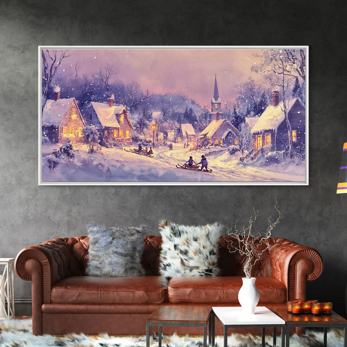Serene Christmas Village Framed Canvas Print, Snowy Winter Landscape with Families Sledding in a Cozy Neighborhood Holiday Art