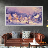 Serene Christmas Village Framed Canvas Print, Snowy Winter Landscape with Families Sledding in a Cozy Neighborhood Holiday Art