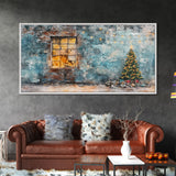 Rustic urban Christmas wall art with a glowing window and decorated tree, framed canvas print perfect seasonal decor, winter holiday display