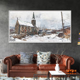 Snowy church scene framed canvas print, stained glass church in winter with snow-covered rooftops, perfect Christmas or holiday art display