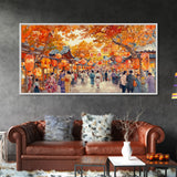 Vibrant fall market street scene with lanterns and people, framed canvas print, perfect autumn or fall festival decor wall art