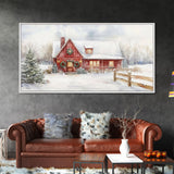 Snowy red farmhouse with wreaths and holiday lights, framed canvas print, perfect Christmas holiday decor or winter wall art display
