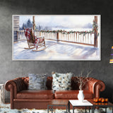 Snowy porch with rocking chair and plaid blanket, framed canvas print, Christmas decor perfect rustic holiday winter wall art