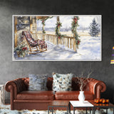 Snowy porch scene with wreaths and holiday greenery, framed canvas print, cozy winter Christmas decor perfect holiday wall display