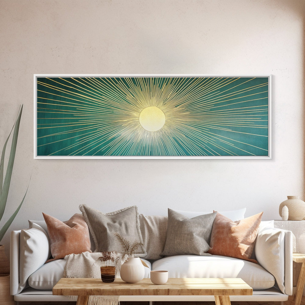 Eclectic Art Deco Sunburst Framed Canvas Print, Boho Style Wall Art, Emerald Green and Gold Extra Wide Art