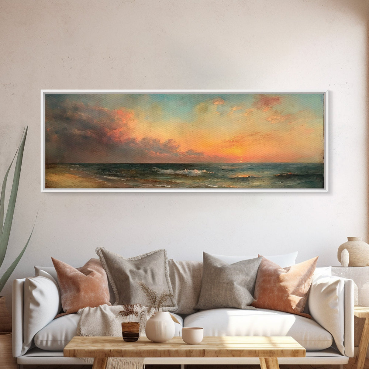 North Beach at Sunset, Framed Canvas Print, Beautiful Panoramic Seascape Painting, Boho / Minimalist Home Decor, Rustic Beach Art