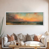 North Beach at Sunset, Framed Canvas Print, Beautiful Panoramic Seascape Painting, Boho / Minimalist Home Decor, Rustic Beach Art