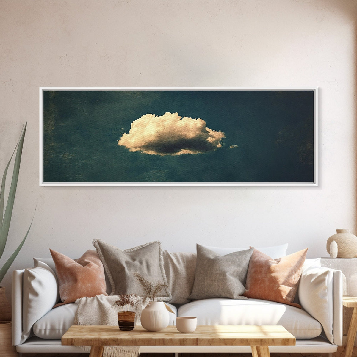 The Lonely Cloud - Framed Canvas Print - Vintage Moody Cloud Wall Art - Single Cloud In A Blue Sky - Vintage Above Bed Boho Art