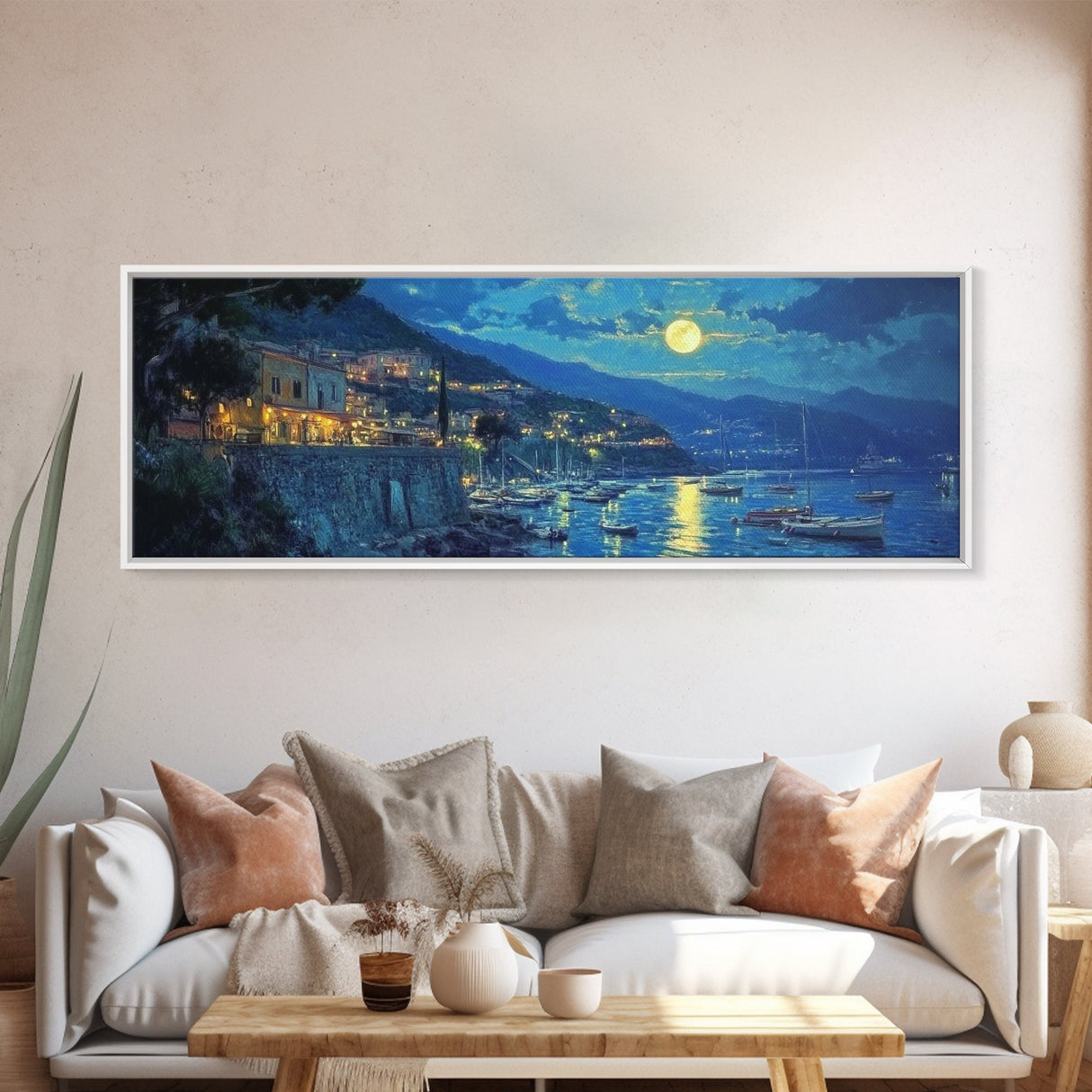 Greece at Midnight - Framed Canvas Print - Greek Fishing Village Under a Full Moon - Boho Wall Art - Moody Landscape Painting