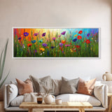 Purple Flowers, Panoramic Floral Print, Framed Canvas Art, Wildflowers Painting Spring Flower Watercolor Art Print, Field of Wildflowers