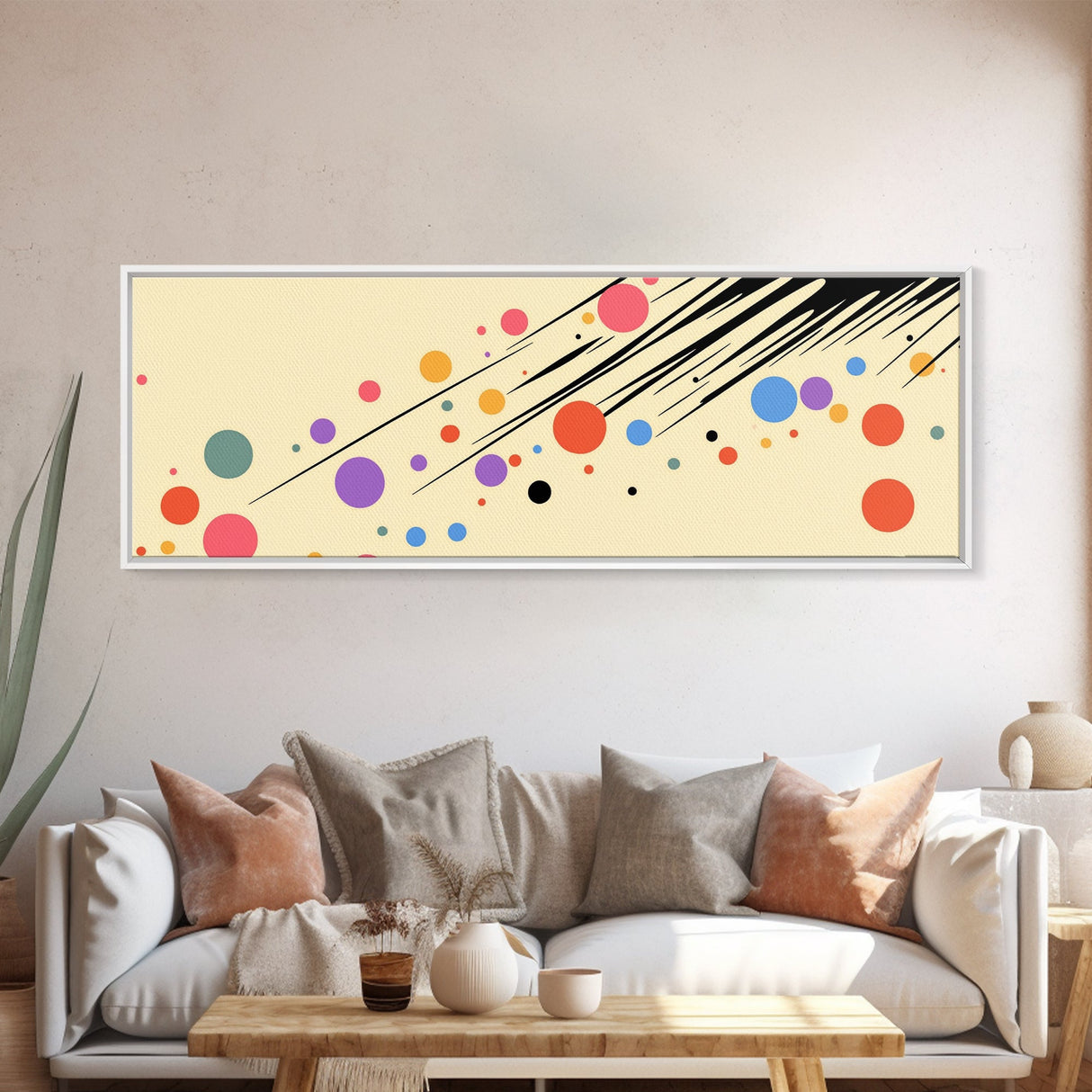 Polka Dots On Cream Background, Framed Canvas Print, Panoramic Wall Art, Modern Home Decor, Boho Style Above Bed Wall Art