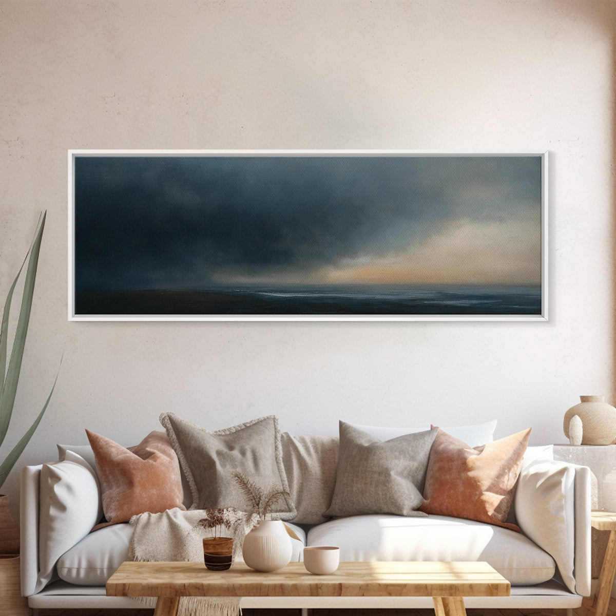Framed Moody Wall Art, Panoramic Seascape On a Stormy Day - Dark Decor - Cloudy Sky Art - Above Bed Decor, Above Sofa Painting