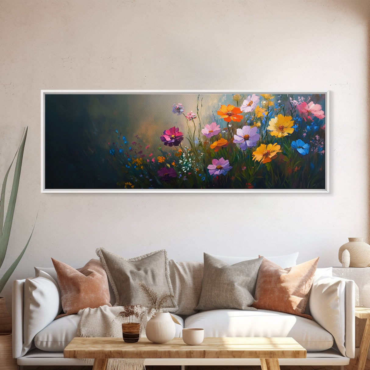 Wildflowers In a Thunder Storm, Framed Canvas Print, Colorful Botanical Print, Field of Wildflowers Canvas Art, Dark Floral Landscape Wide Art