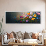 Wildflowers In a Thunder Storm, Framed Canvas Print, Colorful Botanical Print, Field of Wildflowers Canvas Art, Dark Floral Landscape Wide Art