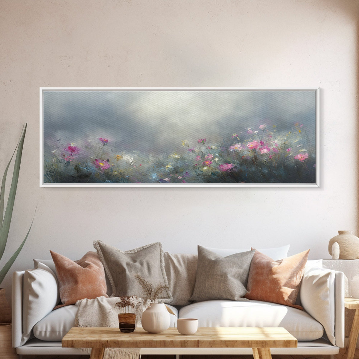 Moody Wild Flowers Under a Cloudy Sky, Panoramic Framed Canvas Print, Nature Decor, Boho Floral Wall Art, Flower Painting Gift For Her