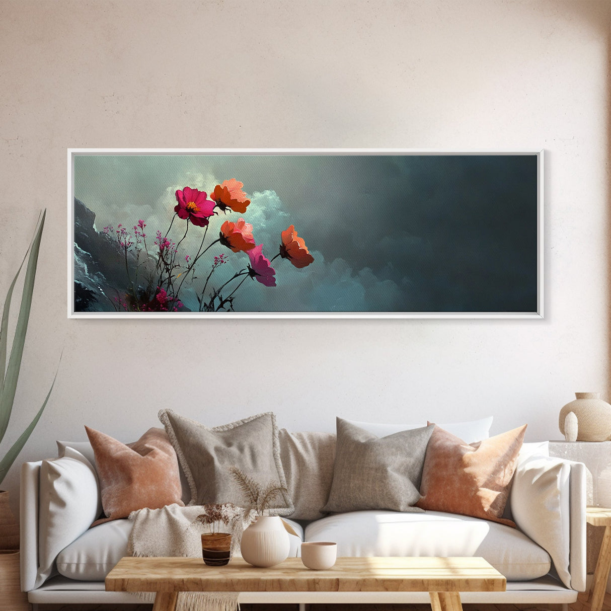 Beautiful Wild Flowers In The Clouds, Mountain Painting Canvas Print, Moody Decor, Muted and Subdued Wall Art, Centerpiece Art