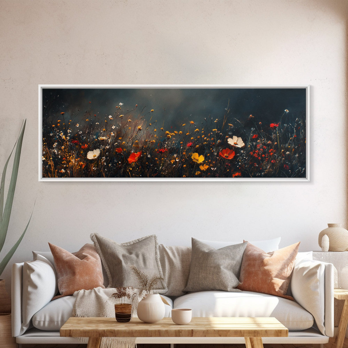 Wildflowers On A Stormy Day, Framed Canvas Print, Panoramic Wall Art, Moody Muted Decor, Above Sofa Or Couch Oversized Art