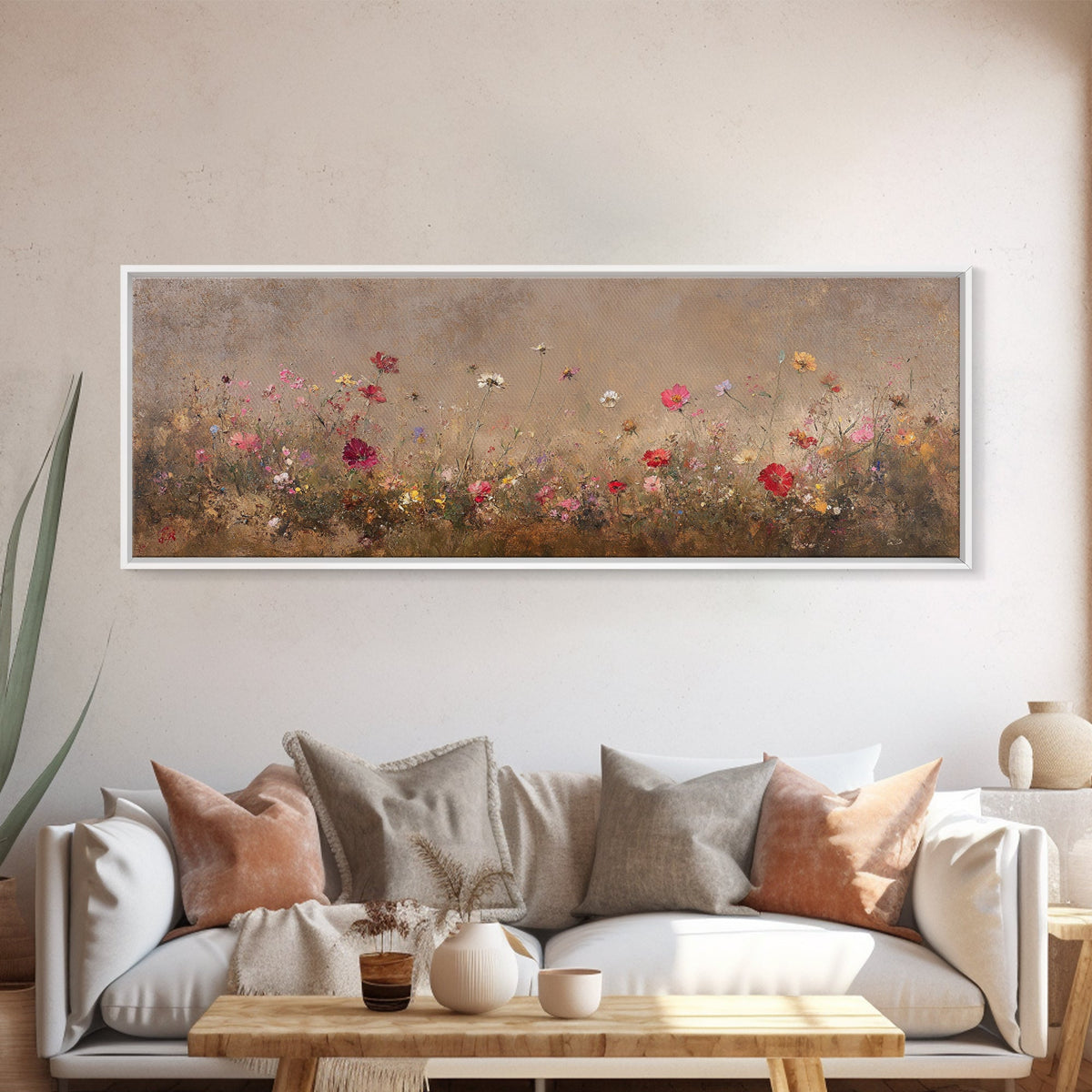 Wild Flowers On a Grey Background, Framed Canvas Print, Panoramic Oil Painting Print, Boho Farmhouse Decor, Modern Rustic Primitive Decor