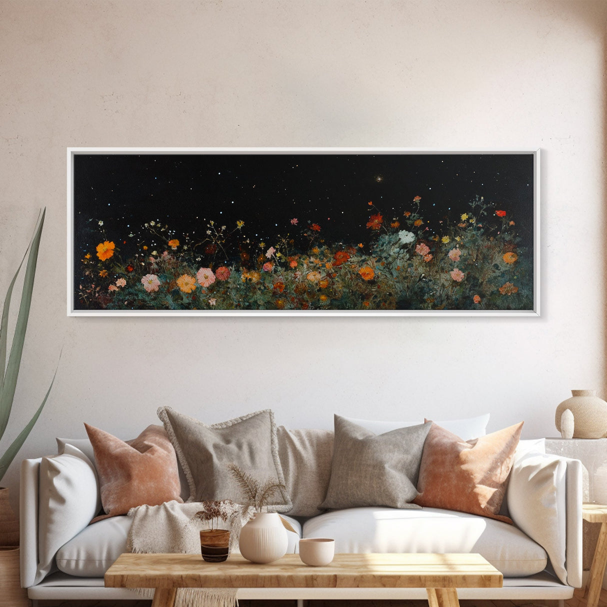 Field of Wildflowers Framed Wall Art Canvas Print, Vintage Botanical Landscape Art, Panoramic Print, Modern Farmhouse Art