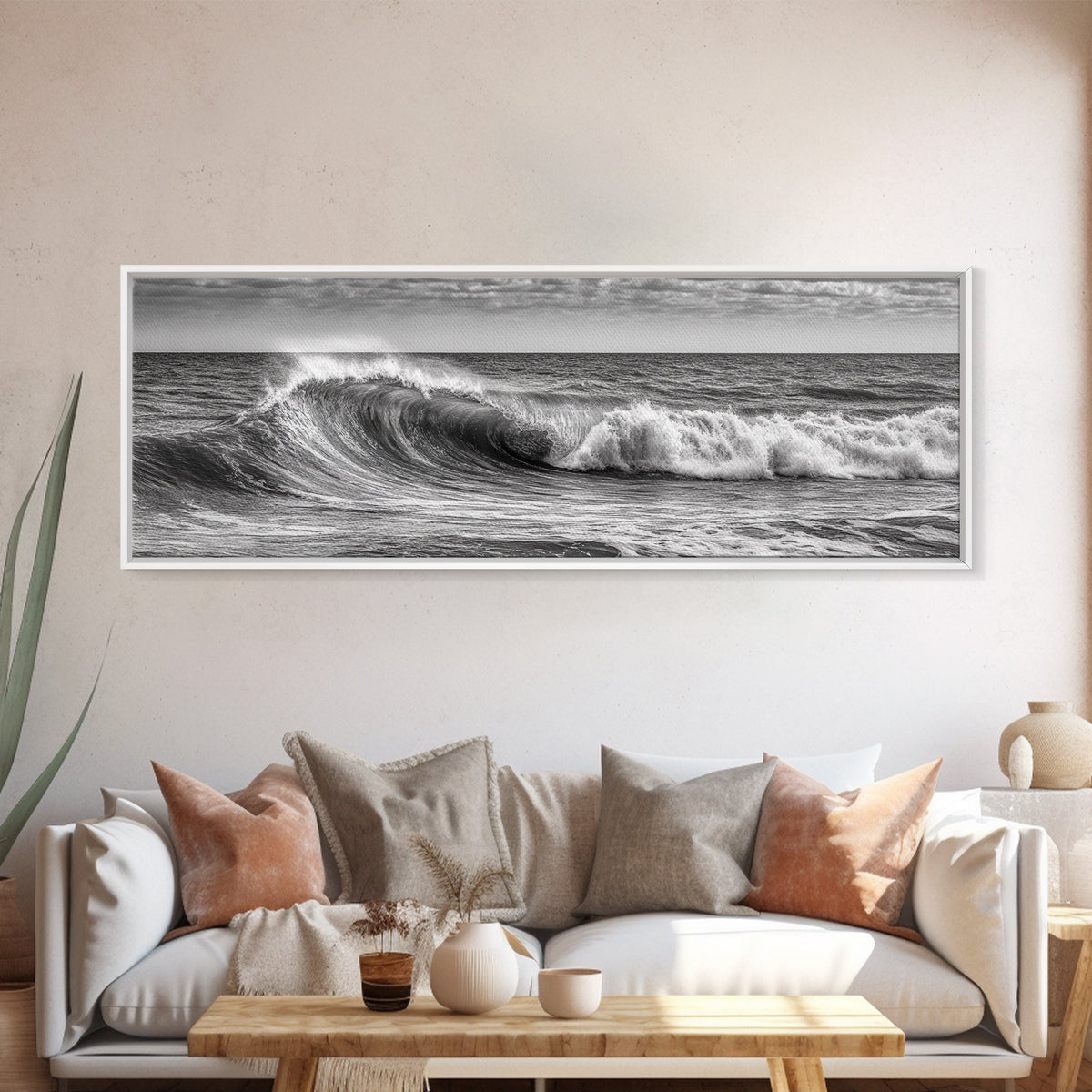 Subdued Black and White Ocean Photography Style Print, Panoramic Wall Art, Wood Framed Canvas Art, Seascapes, Nautical Decor
