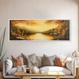 Sunset Over The Lake, Framed Canvas Print, Ultra Wide Wall Art, Panoramic Painting, Above Sofa Or Bed Wall Art, Home Decor, Calm Wall Art