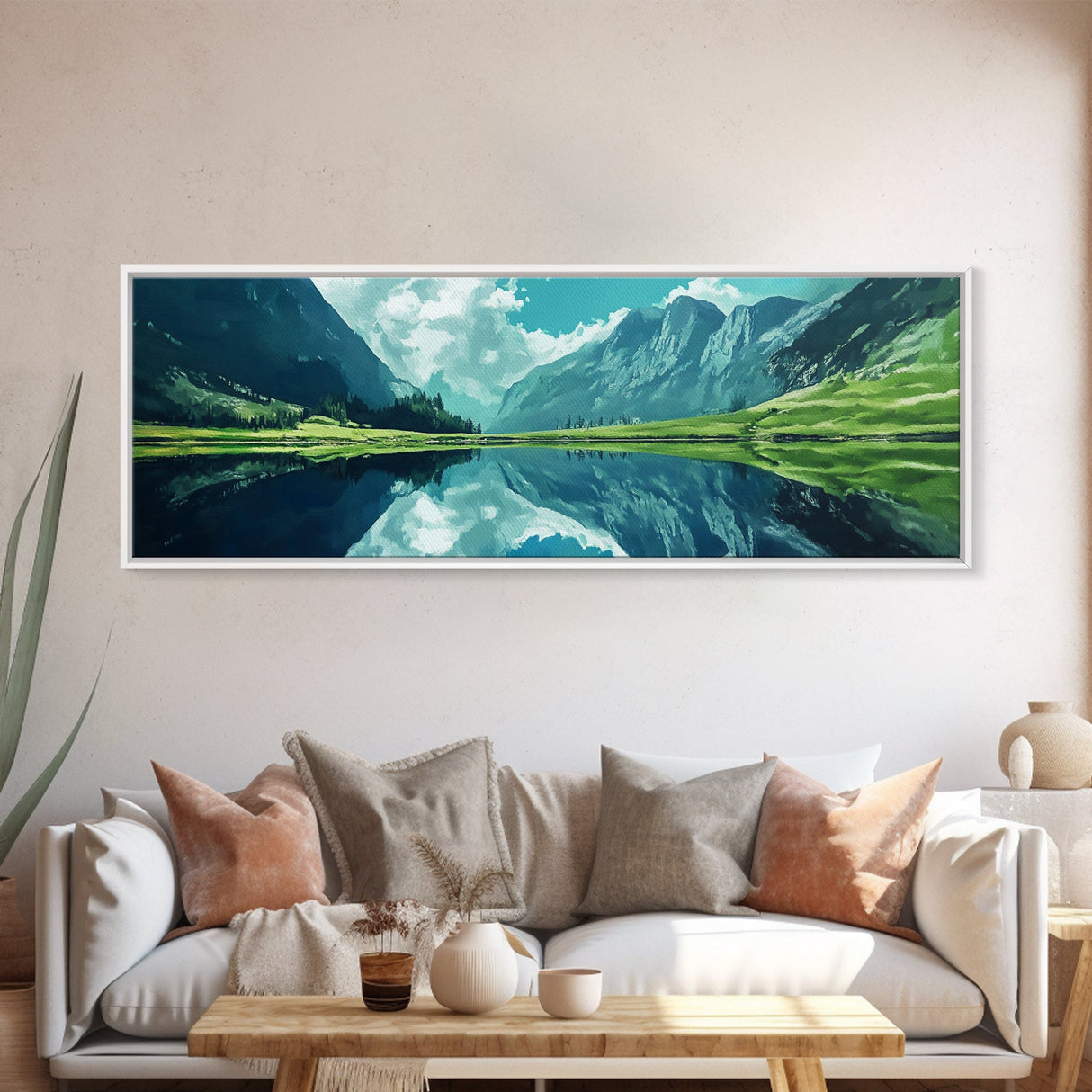 Reflections On The Lake - Framed Canvas Print - Panoramic Original Landscape Painting - Lake Painting - Mountain Painting - Minimalist Muted Art