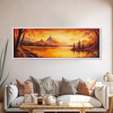 Golden Hour Over The Mountains, Sunset Landscape Painting Print, Wood Framed Artwork, Ultra Wide Panoramic Print