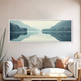 Reflections on an Overcast Day, Framed Canvas Print, Moody Decor, Foggy Landscape Painting, Panoramic Wall Art