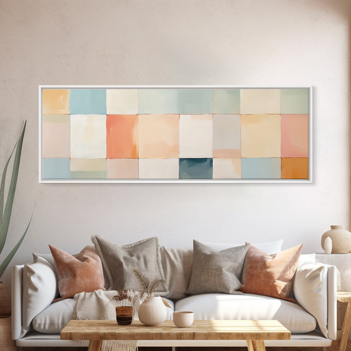 MCM Style Abstract Square, Framed Canvas Print, Mid-Century Modern Wall Art, Pastel Colors, Large Horizontal Wall Art Print