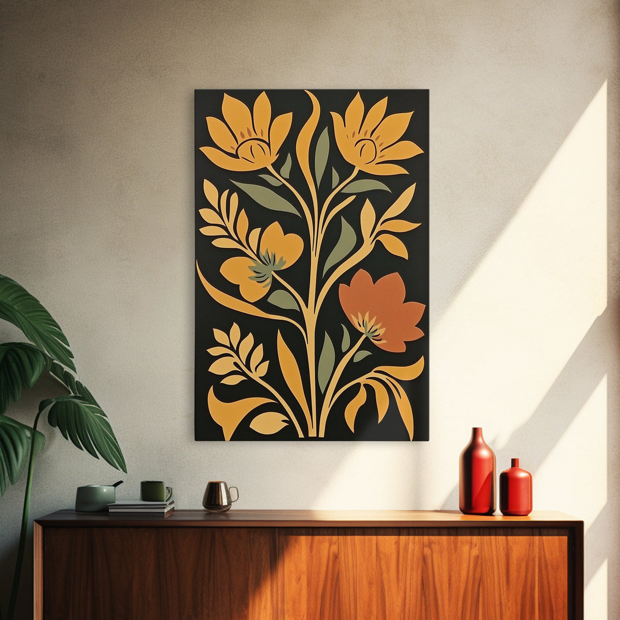 Flower Market Print Framed Canvas Print Mid-Century Modern Botanical Wall Art Boho Modern Farmhouse Living Room Art