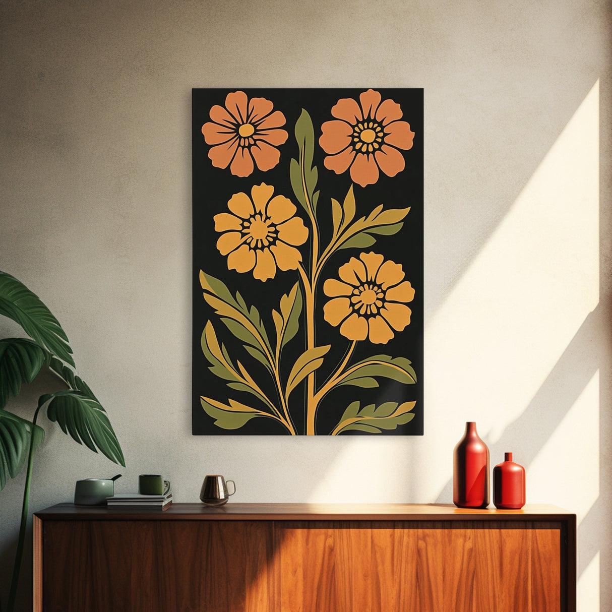 Abstract Geometric Flowers, Minimalist Botanical Floral Canvas Wall Art Print, Mid Century Modern Boho Decor, Neutral Subdued Flower Art