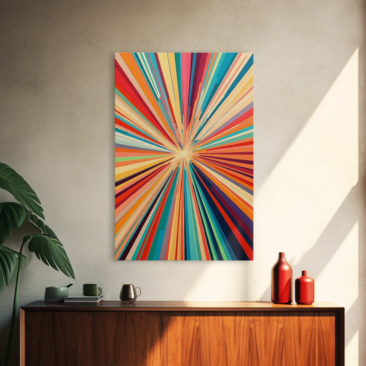 Mid Century Modern Colorful Bohemian Art Print, Wood Framed Wall Art, MCM Style Home Decor, Vertical Narrow Wall Art, Tall Skinny Art