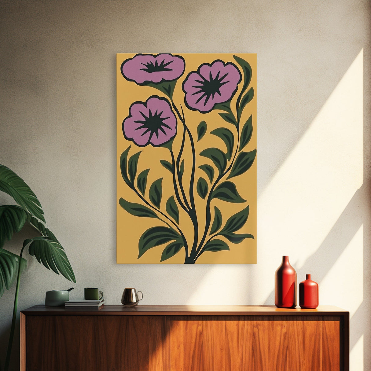 Framed Canvas Canvas Wall Art Mid-Century Modern Boho Flower Print, Purple and Yellow Wall Art, Modern Art Boho Home Decor, Minimalist