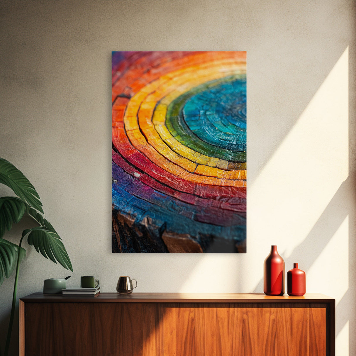Rainbow Tree Rings, Retro Style Canvas Print, Colorful Rustic Wall Art For Living Room