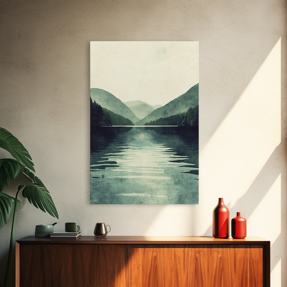 Emerald Green Landscape Painting Print, Wood Framed Canvas Art, Jade Green, Soothing Home Decor, Bed Room Wall Art