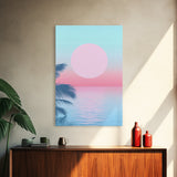Vaporwave Sunset Framed Canvas Print with Wood Frame, Boho Style Minimalist Home Decor, Vertical Wall Art, Beach Painting