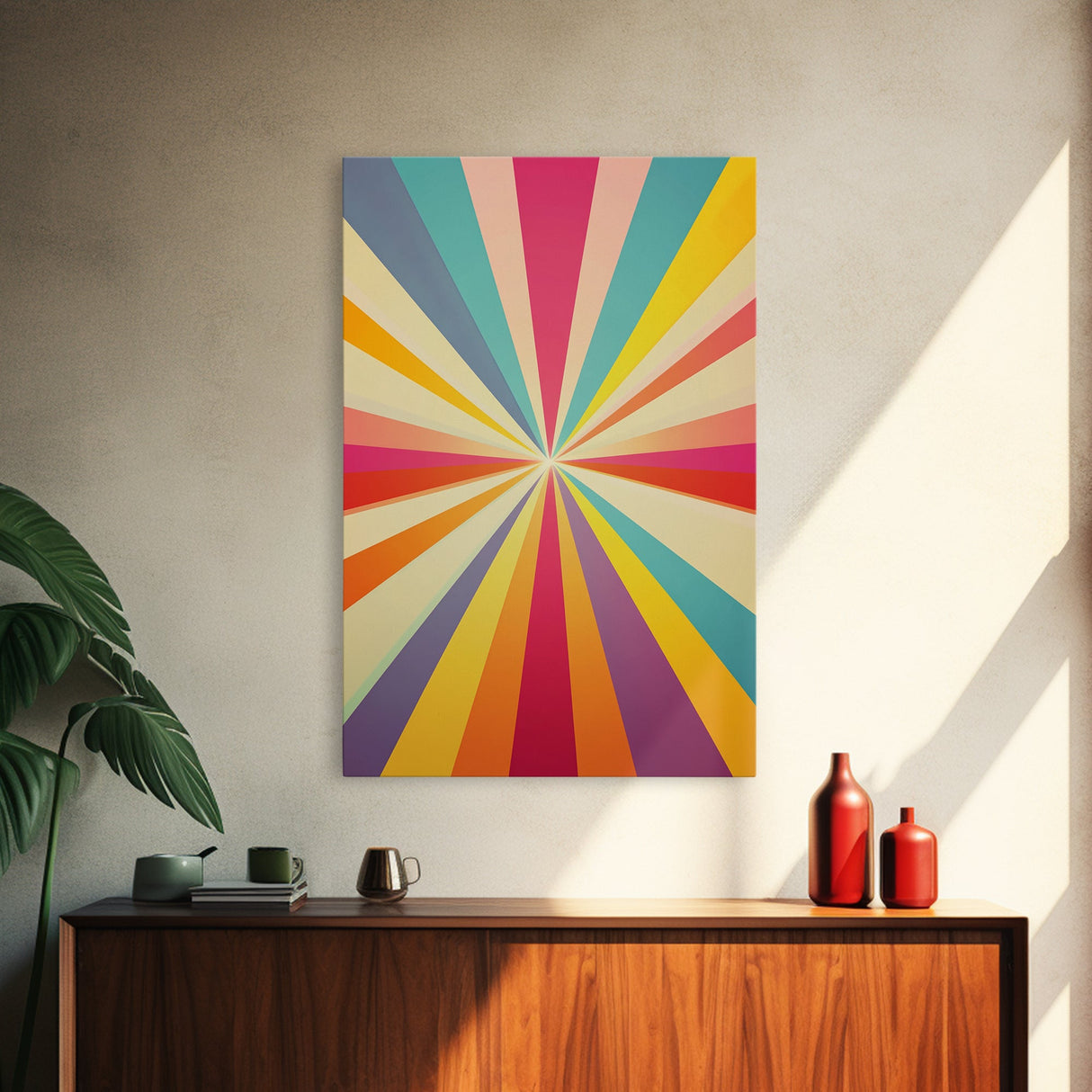 Sea Green, Golden Yellow and Deep Rose MCM Style Wall Art, Framed Canvas Print, Retro Style Colorful Home Decor